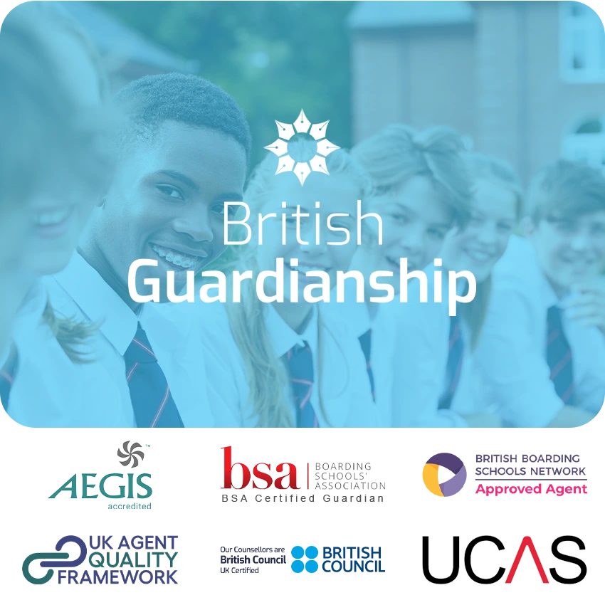 Akreditace British Guardianship: loga AEGIS, BBSN, BSA, British Council, AQF