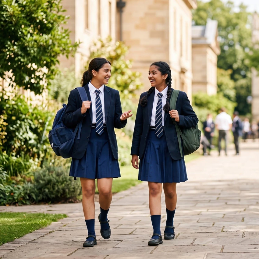 UK boarding school campus with 2 students in uniforms walking by